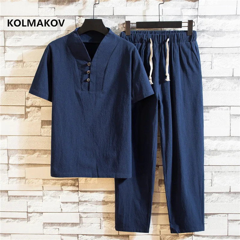 Shirt trousers 2025 summer men shirt Man Cotton and linen shirts Short sleeve mens casual shirts men A set of clothes M-5XL 250324