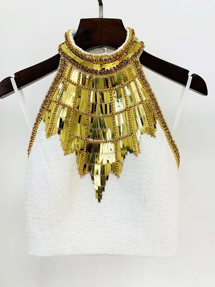 HIGH STREET Newest Fashion 2024 Designer Women's Stunning Metallic Dias Beaded Halter Neck Tweed Camis Tank Tops