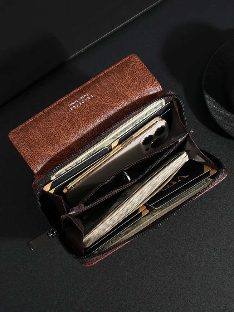 Men's PU Zipper Large Capacity Long Tote Bag With Multiple Card Sleeves Designer Double-layer Wallet