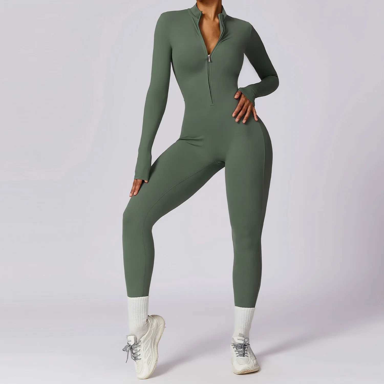 Gym zipper jumpsuit yoga boiler suit long sleeved womens sportswear high-strength fitness one-piece bodysuit W250326