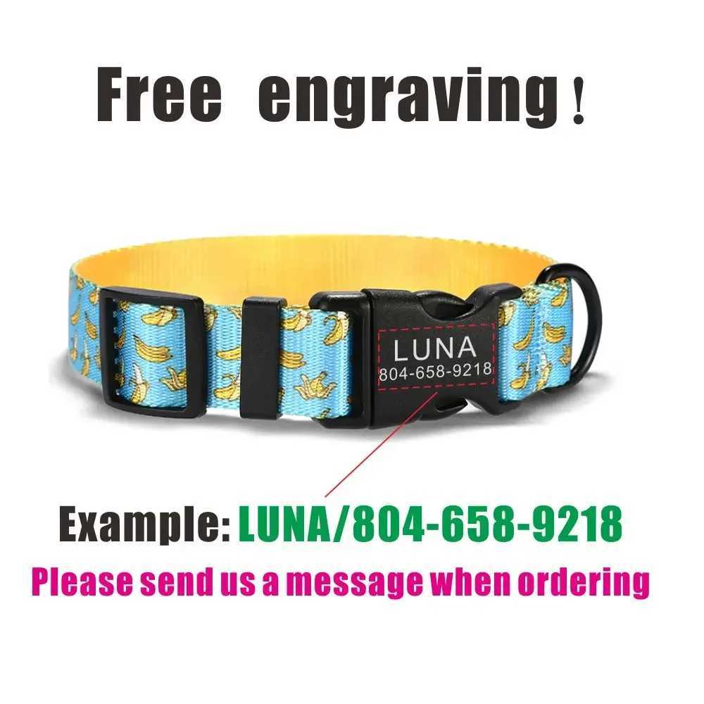 Personalized pet collar customized name ID adjustable blue banana soft fiber cat and dog collar lead strap X250326