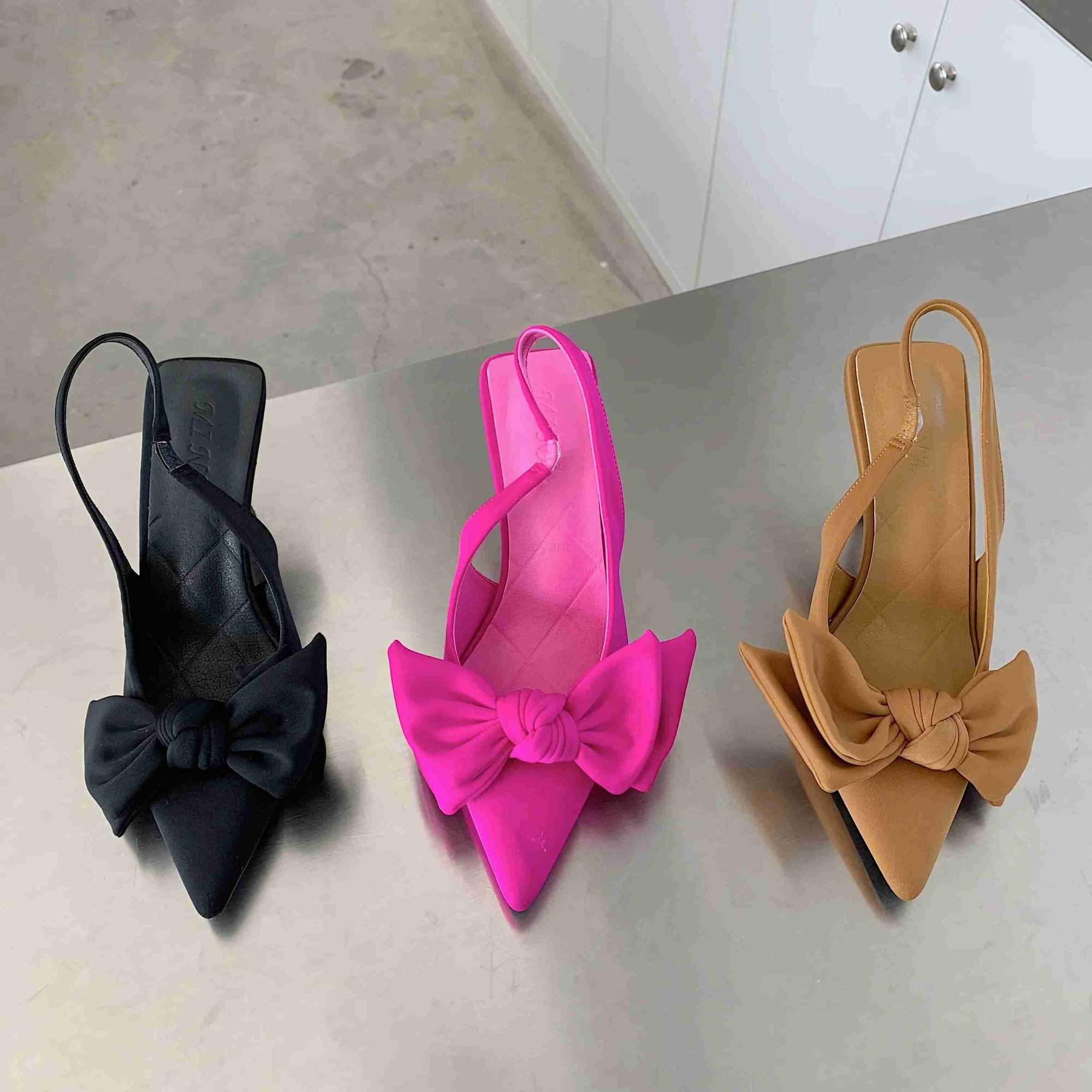 2025 Summer Brand Wen Slingback Sandals Heeled Shoes Fashion Bow-knot Pointed Toe Slip on Ladies Elegant Dress Pumps Shoes Z250326