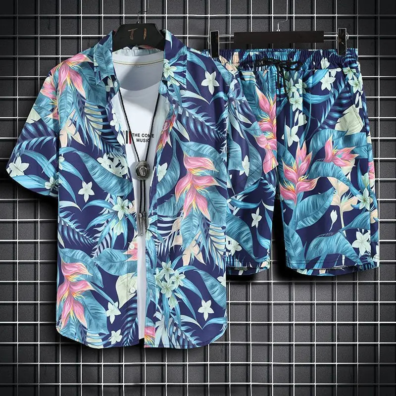 Hawaiian mens shirt set casual collar short sleeved and clothing summer beach vacation Tshirt 250326