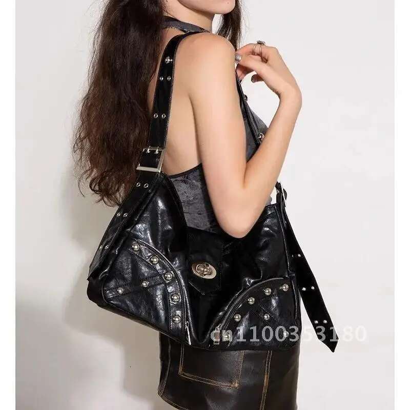 JIAERDI Vintage Rivet Coffee Shoulder Bags Women Y2k Grunge Large Moto Female Chic Tote Biker Handbag Bag Messenger Capacity