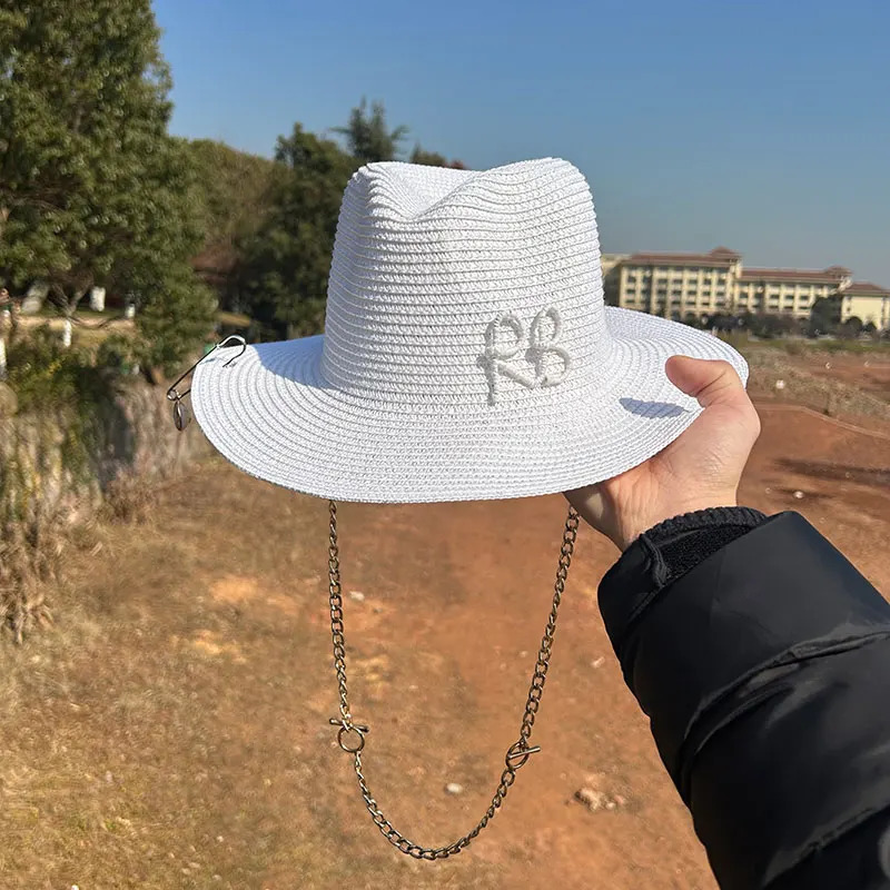 Summer Fedora Hat Metal Chain Beach Hats Customized English Letter Hats For Men And Women Panama Punk Hats Derby Party Hat 250325