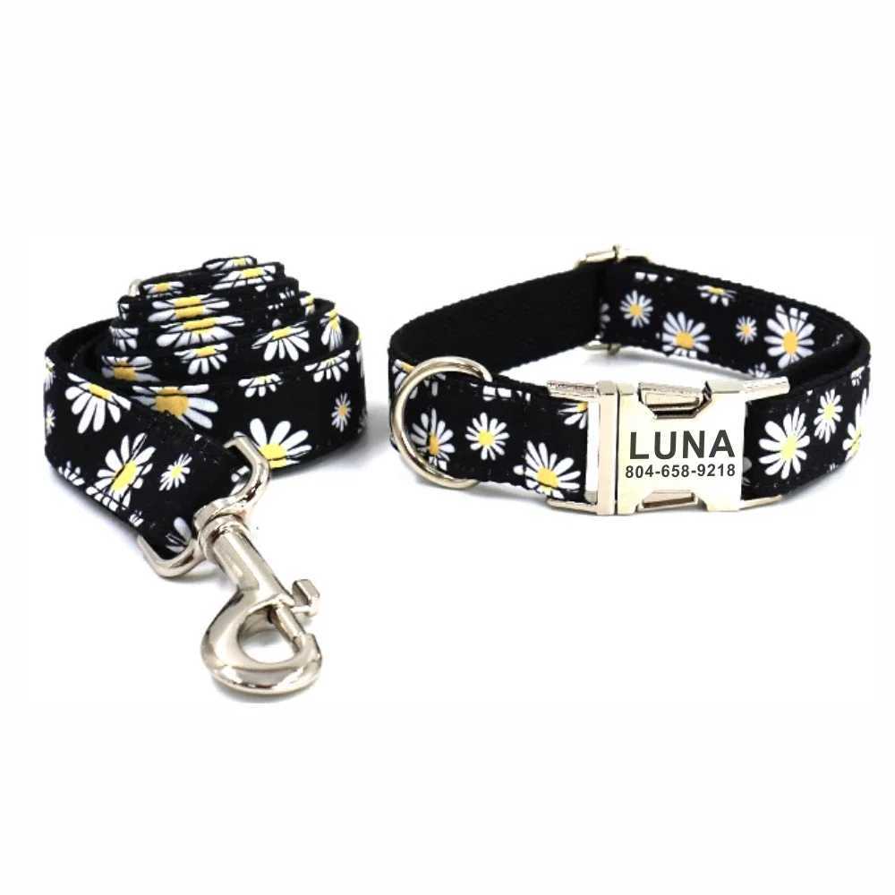 Personalized pet collar customized puppy name tag adjustable buckle strong black chrysanthemum basic collar lead strap X250326