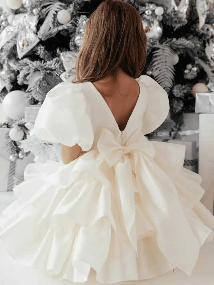 Customized pink floral girl wedding dress for layered knee length bow tie little girl photo birthday party dance dress W250326