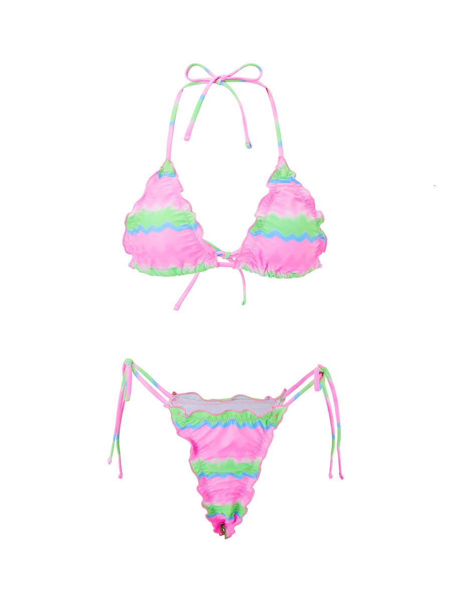 Women Lettuce Edge Bralette Bikini Swimsuit Sets Y2k Coquette Floral Print Halter String Triangle Bathing Suit Beach Swimwear 250324