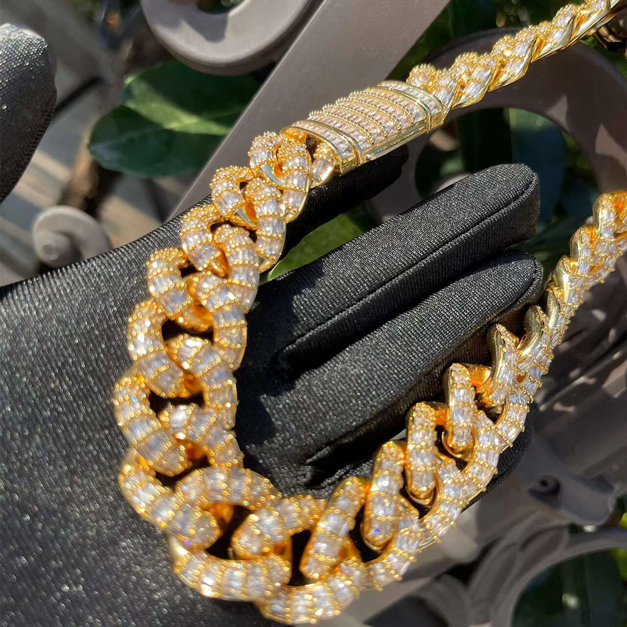 Cascade 24K Gold 925 Cuban Link Chain Flooded Ice Prong Set with Baguette Moissanite Necklaces in a Stylish Design
