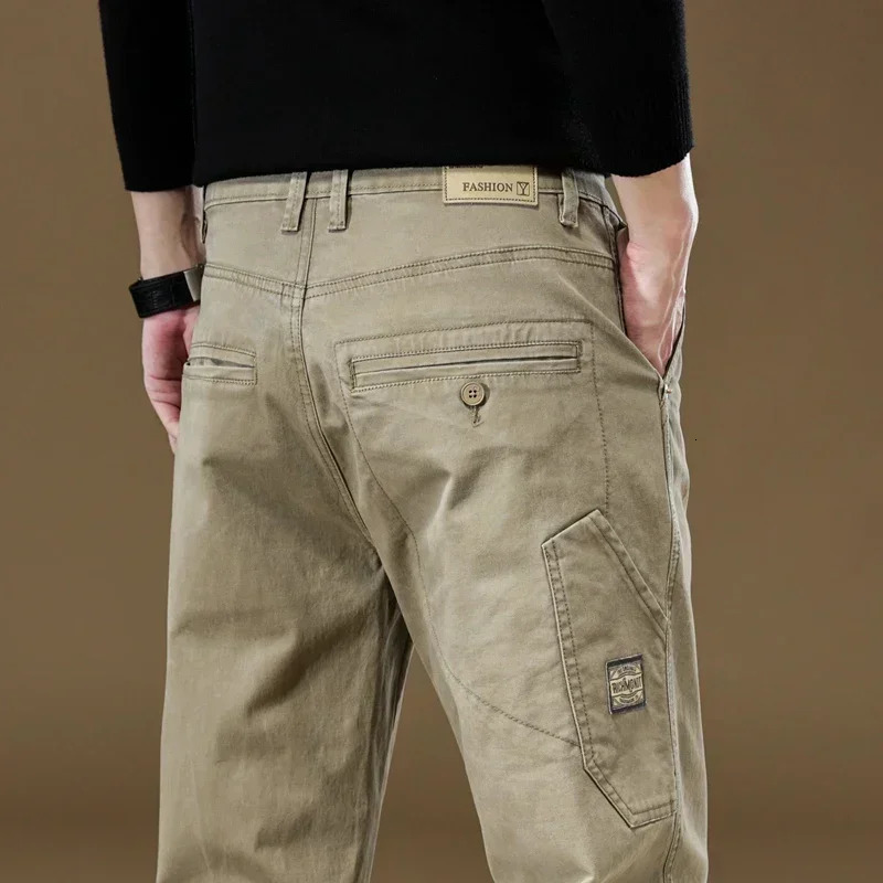 Autumn mens 97 pure cotton jogging cargo pants retro solid color Korean style straight loose casual 250326