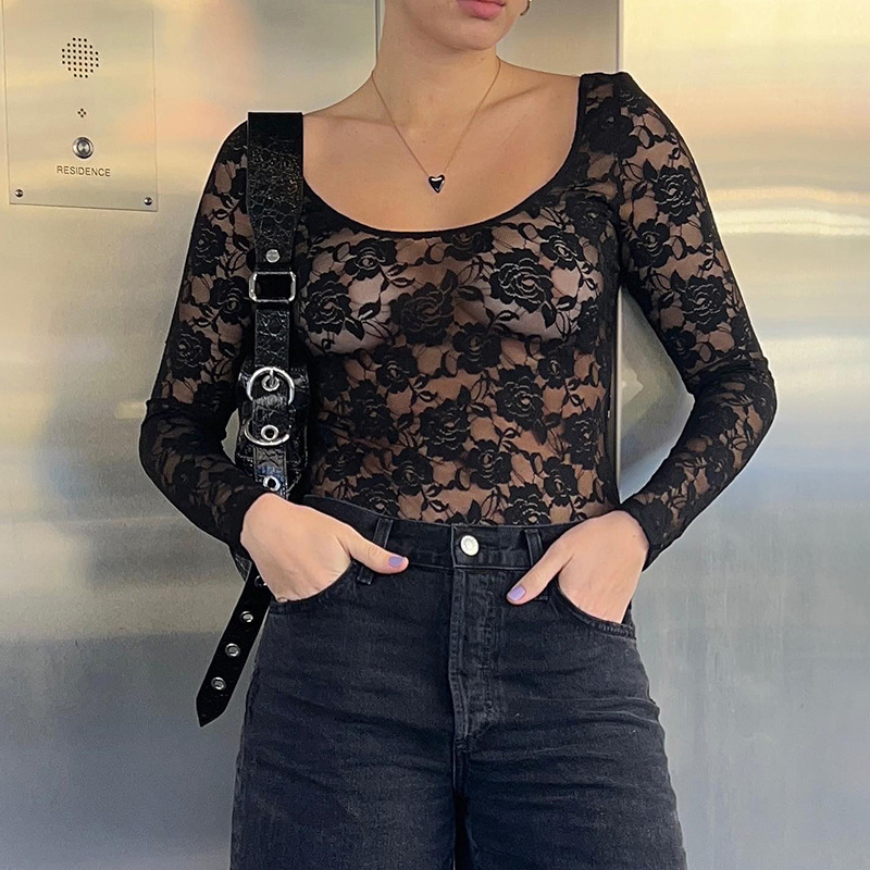 2025S Fashion Designer Q TP Women S Spring Summer New Collection Solid Color Big U Neck Lace Sexy T Shirt Top For Women