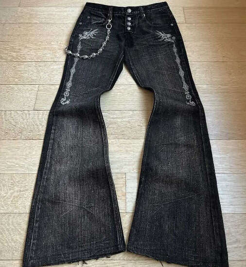 New Men's Heavy Industry Embroidered Jeans Punk Bellbottom Y2k Washed Dark Pants