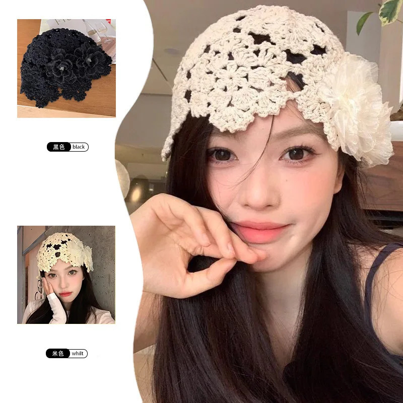 Sweet Hollowed Out Beret Cap Lace Knitted Skullies Hat Flowers Breathable Hand Woven Yarn Cap Autumn 250321