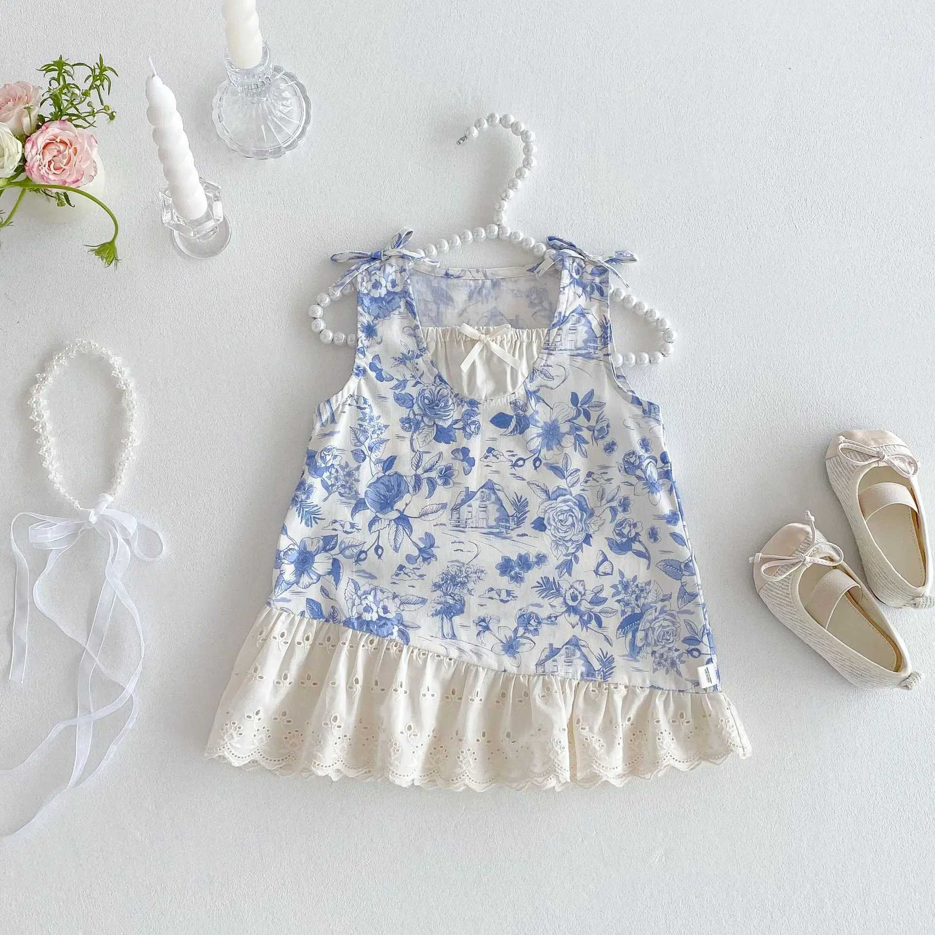 2025 New Summer Childrens Chiffon Chinese Sleeveless Princess Dress Suitable for Girls - Blue and White Jewelry Elements W250326