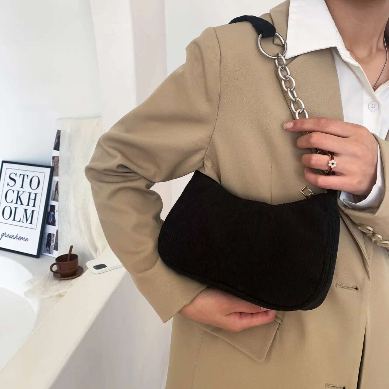Vintage Women'S Handbags Corduroy Underarm Bag Casual Women Shoulder Bags Solid Color Zipper Female Handbag Clutch New Fashion