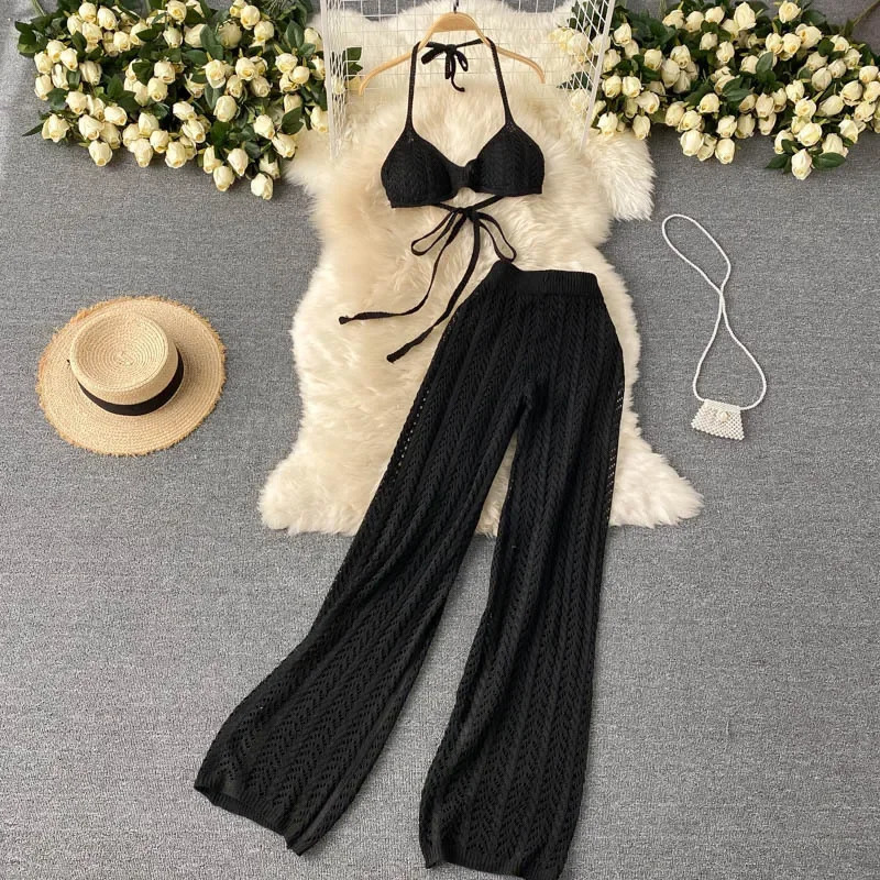 Sexy Halter Neck Bikini Suit Womens Summer Fashion Knitted Hollow Out Bottoms With Tie n Sensible Stylish Beach Vacation W 250324