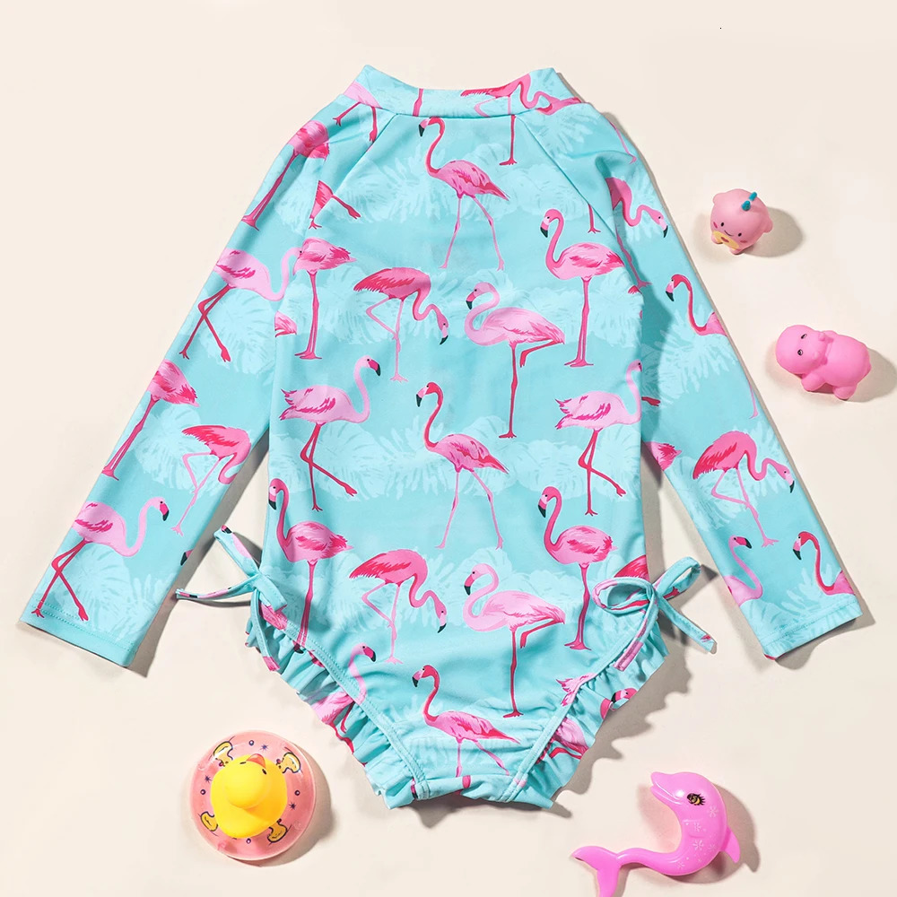 Girls Long Sleeve Flamingo Swimwear Summer Beach Bathing Suit One Piece Swimsuit Swimming Costumes for Children 250326