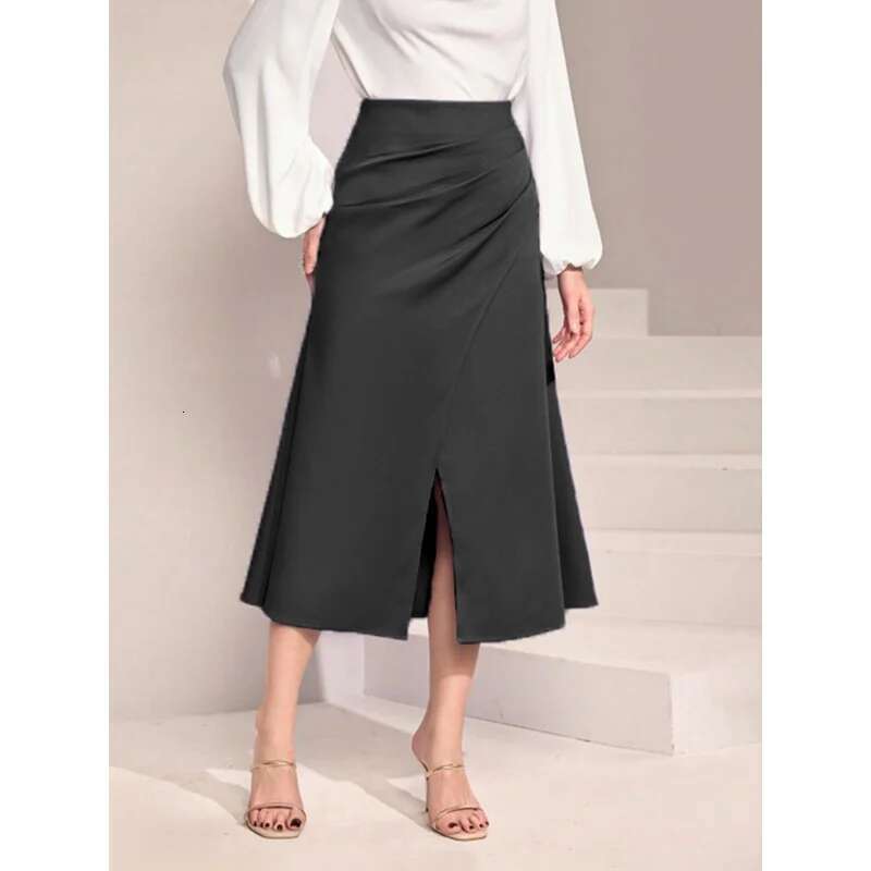 Dongdumaoyi Dames Hoge Taille Satijnen Geplooide Lange Rok Met Split Effen Kleur Midi Ritssluiting Zeemeermin Kokerrok W