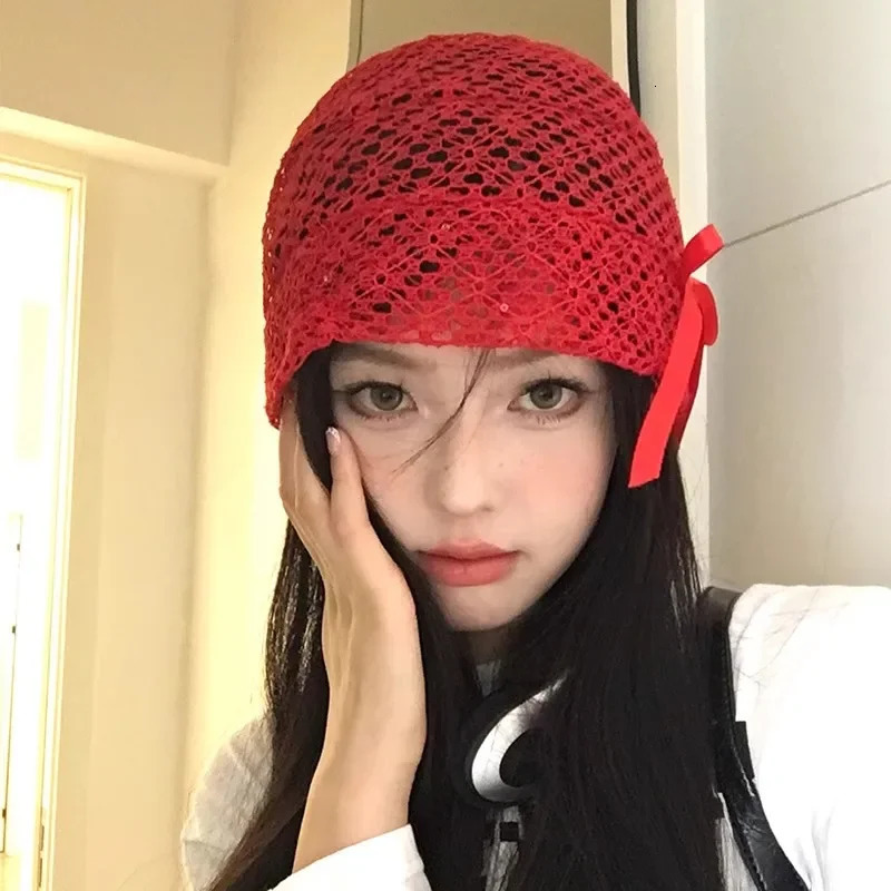 Y2K Black Lace Bow Beanies Caps Solid Hollow Knitted Hat Korean Girls Lace Beret Cap Fashion Breathable Skullies Turban Caps 250321