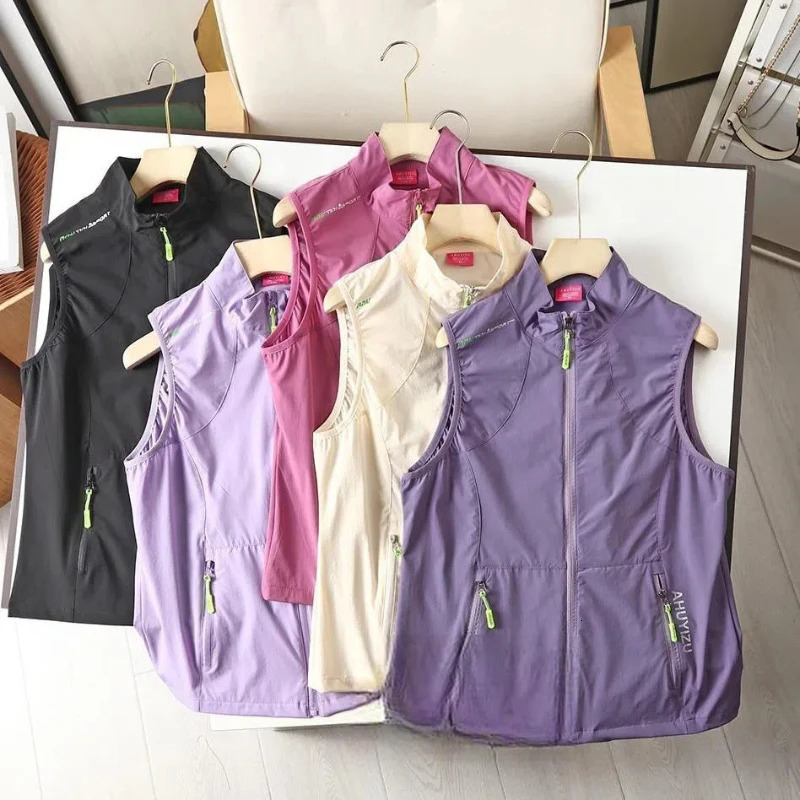 Korean Summer Womens Elastic Tank Top Solid Stand Collar Zipper Pocket Outdoor Sports and Leisure Loose Sleeveless Cardigan Top 250320