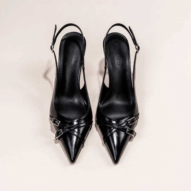 Fashionable Pointed Toe Shallow Mouth New High-heeled Shoes Summer Elegant Buckle Decorated Stiletto Black Wens Shoes NO 602 Z250326