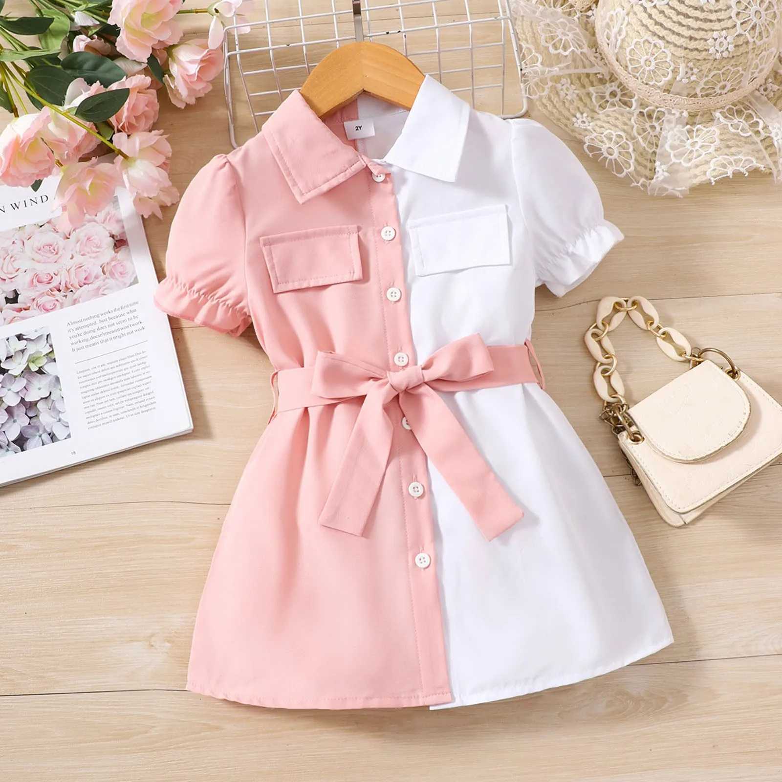 Kids Casual Shirt Dress for Girls Summer 2025 New Toddler Short Sleeve Button Princess Dress Children Clothing 1 2 3 4 5 6 Years W250326
