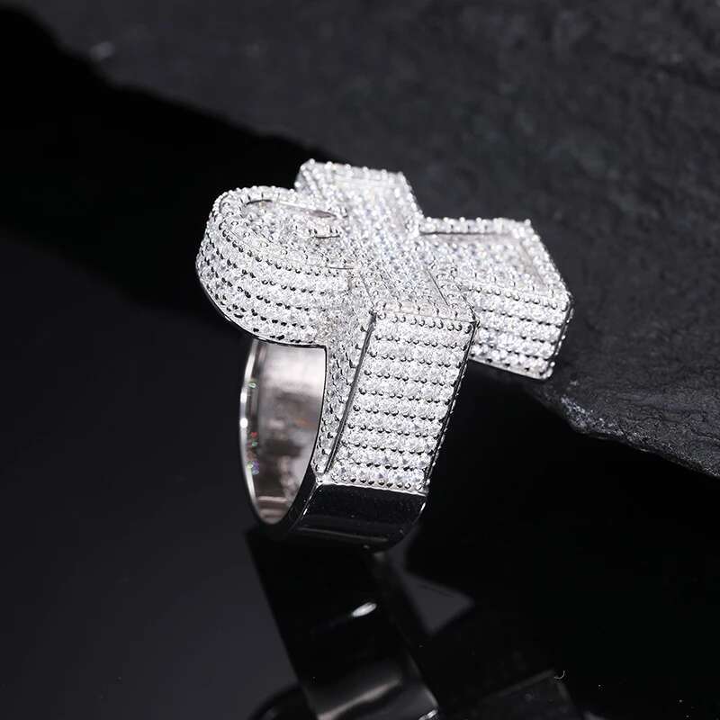 TUHE Unisex Hip Hop 925 Silver Cross Ring Moissanite Stone Iced Out Rings For Men Hip Hop Gifts