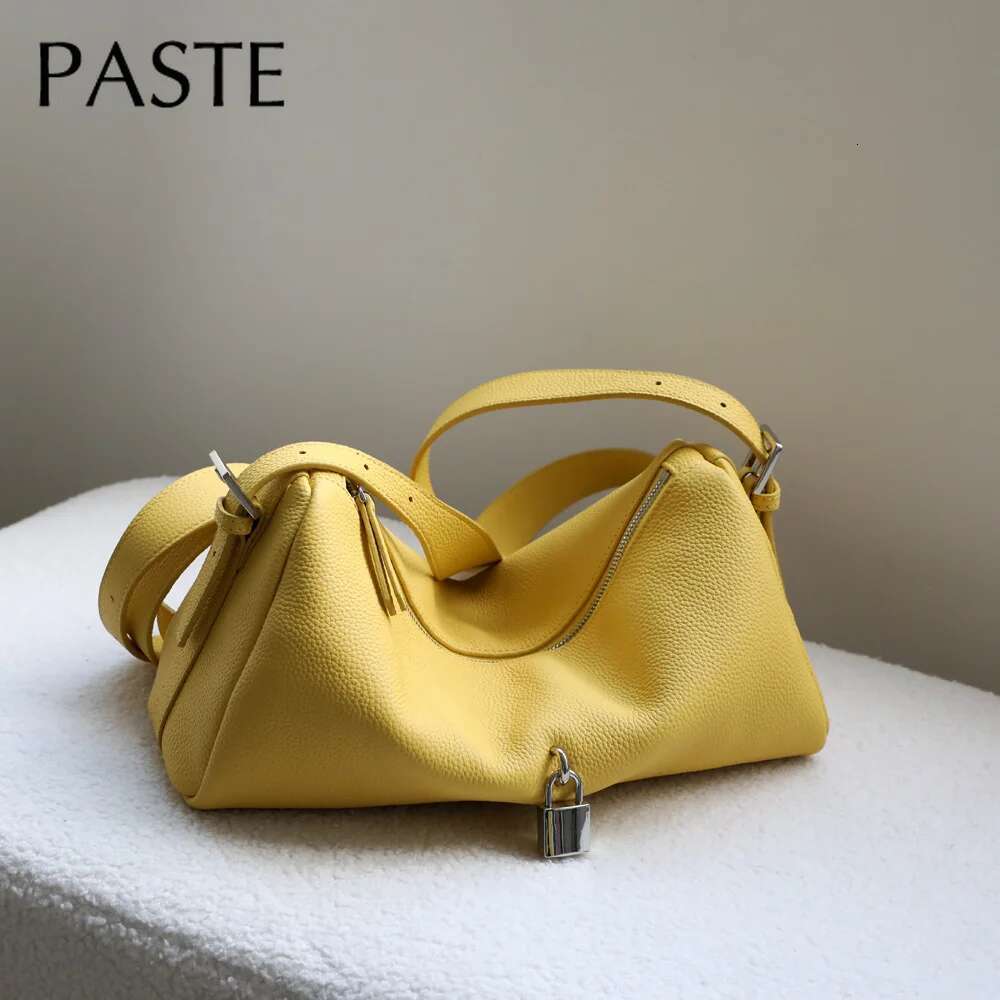 Ins Chic LOCK Design Soft Horizontal Cydrical Shape Pillow 100% Real Leather Women Shoulder Bag Yellow Purse