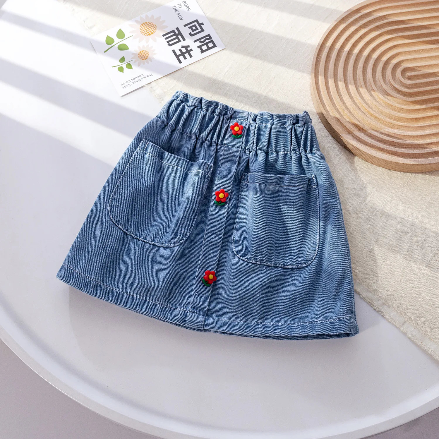 Autumn Girls A-Line Denim Skirt Spring Clothes Baby Flower Button Denim Skirt Summer All-Match ChildrenS Princess Short Skirt 250326