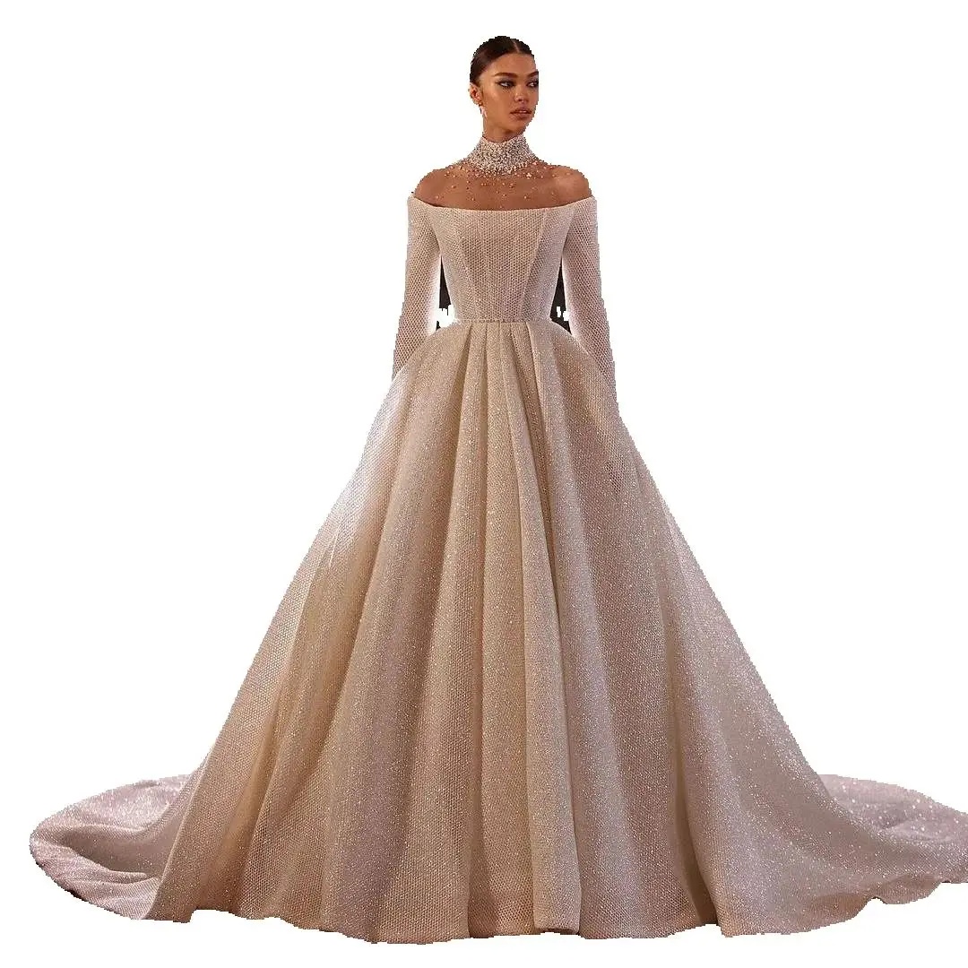 Vintage A-Line Wedding Dresses Boat Neck Long Sleeve Vestido De Novia Customized Shiny Court Train Custom Made Bridal Gown