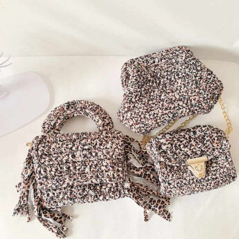 Lady Purses Leopard Print Women's Fabric Crochet Handbag Single Shoulder Chain Crossbody Small Square Bag For Women