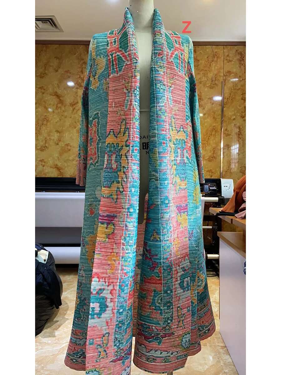 Miyake Pleated Vintage Printed Turn-Down Collar Sleeve Long Jacket Women Designer Abaya New Dubai Fashion Plus Size Coats