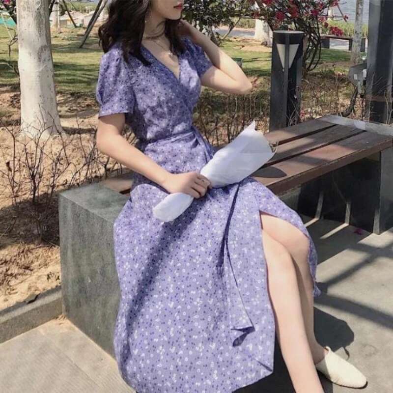 Summer Dresses ral Print Chiffon Evening Retro Long Beach Women Dress Casual Light Prom Purple Robe