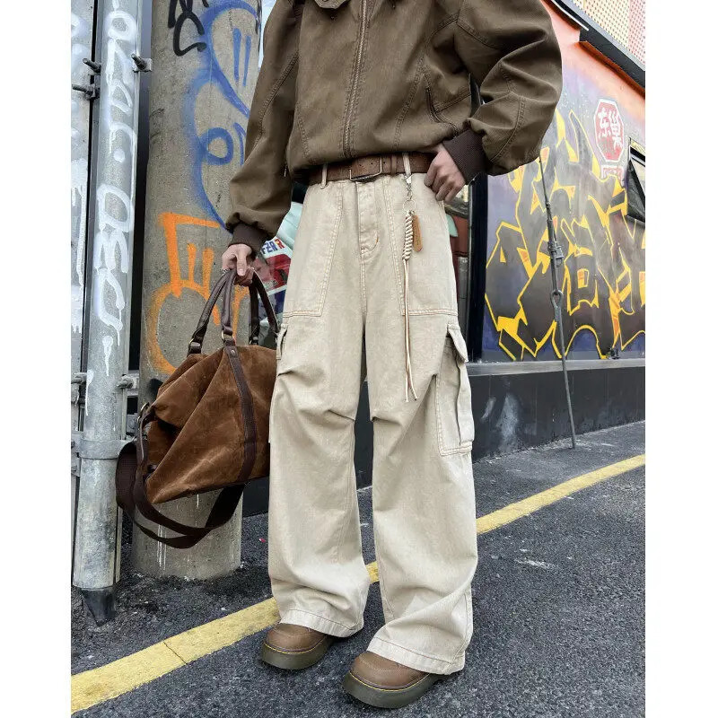 Mens casual work clothes cargo pants loose fitting straight and wide legs multiple pockets practical outdoor hiking durable heavy-duty 250324