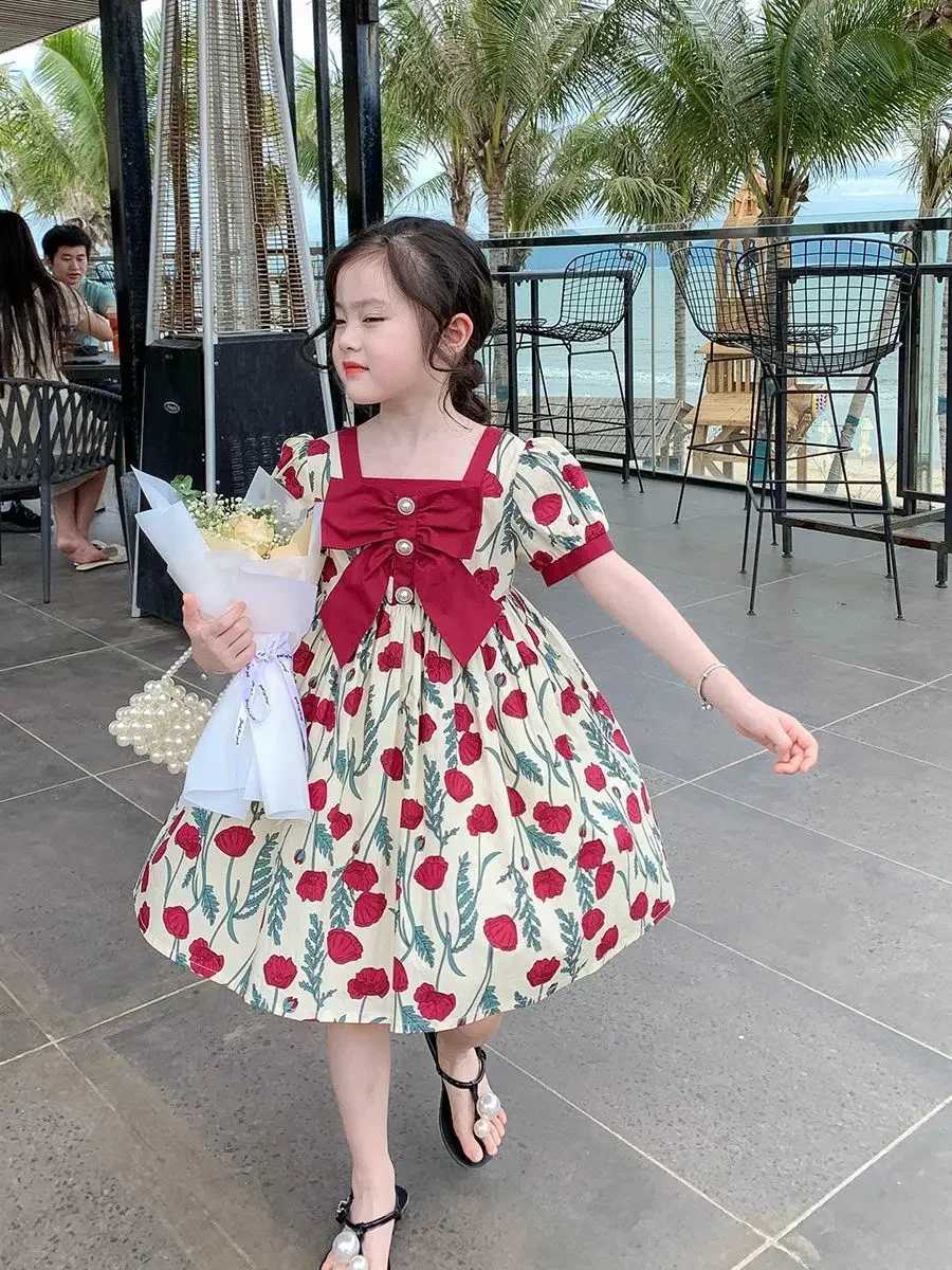 Childrens girls floral print dress 2024 new arrival Childrens princess rose print summer dress Youth girls sweet bow dress W250326