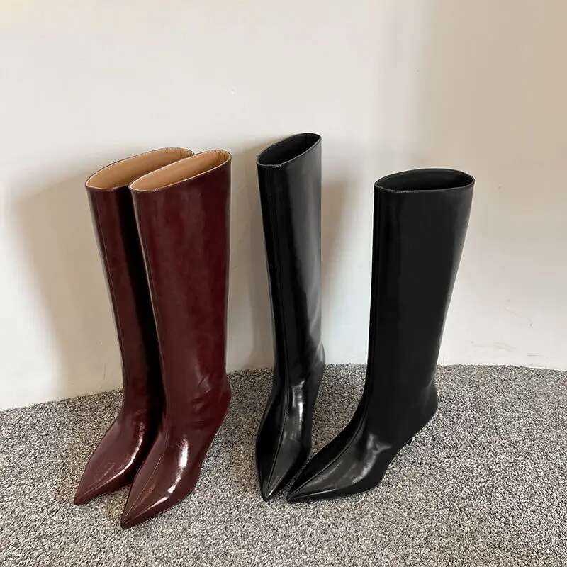 High Heel QUTAA News Winter Women Knee High Pointed Toe Fashion Woman Shoes Low Heel Leather Long Boots Black Size