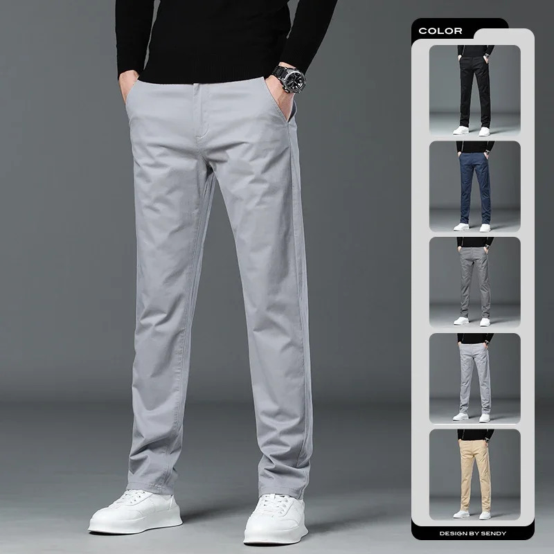 Autumn mens casual pants fashionable straight 97 cotton soft business ultrathin elastic khaki royal blue 250326