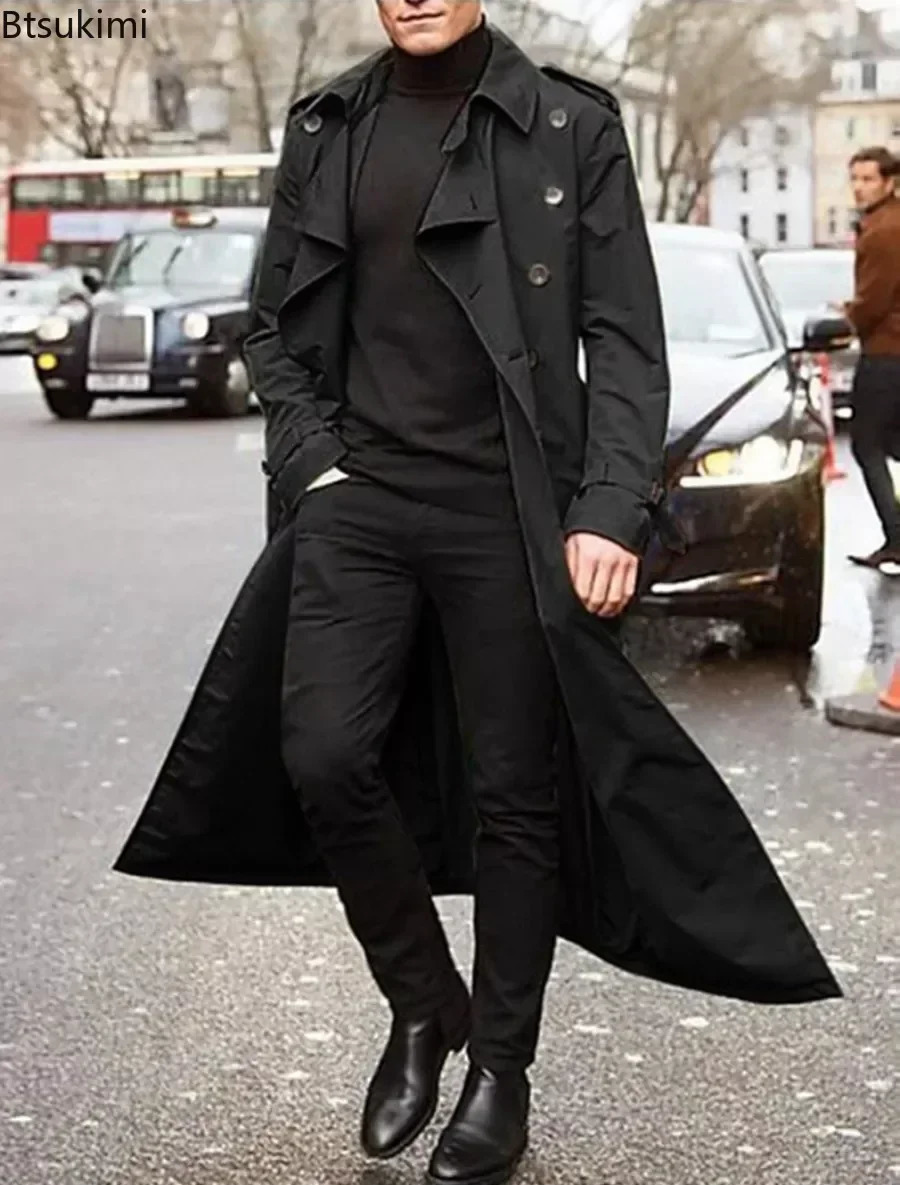 Spring and autumn mens coat retro long trench coat mens jacket coat mens business casual long solid windproof coat 250324