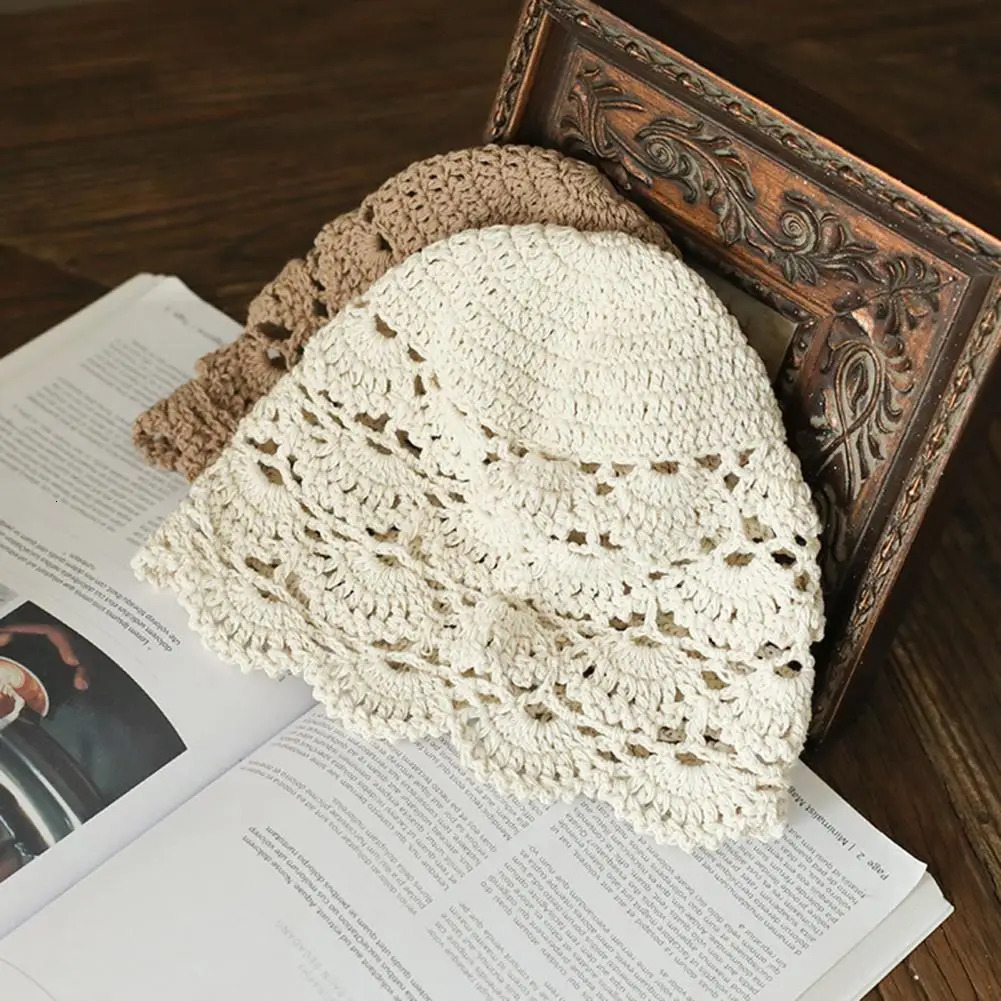 Ladies Hat Hollow Out Lace Women Jacquard Hat Soft Manual Crochet Knitted Hat Solid Color Elastic Breathable Anti-slip Cap 250321