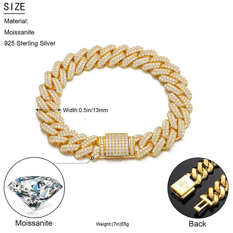 Fine Jewelry 14mm Cuban Link Chain Moissanite Bracelet For Men 925 Silver Hip Hop Jewelry