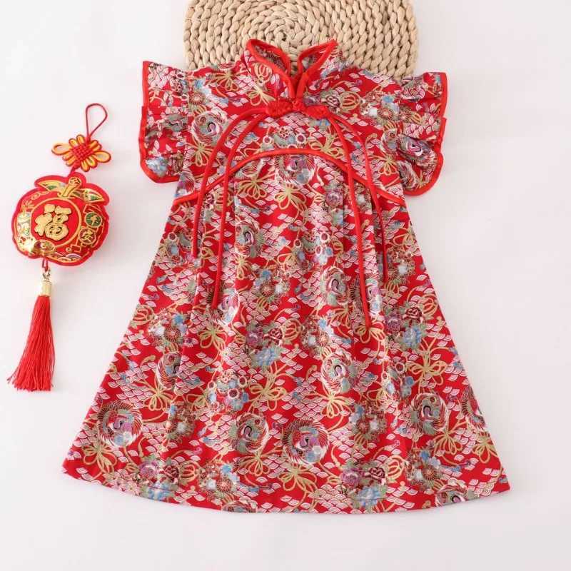 Girl Chinese Chiffon Red Flower Pattern Childrens Clothing Performance New Year Childrens Clothing Youth Par Clothing W250326
