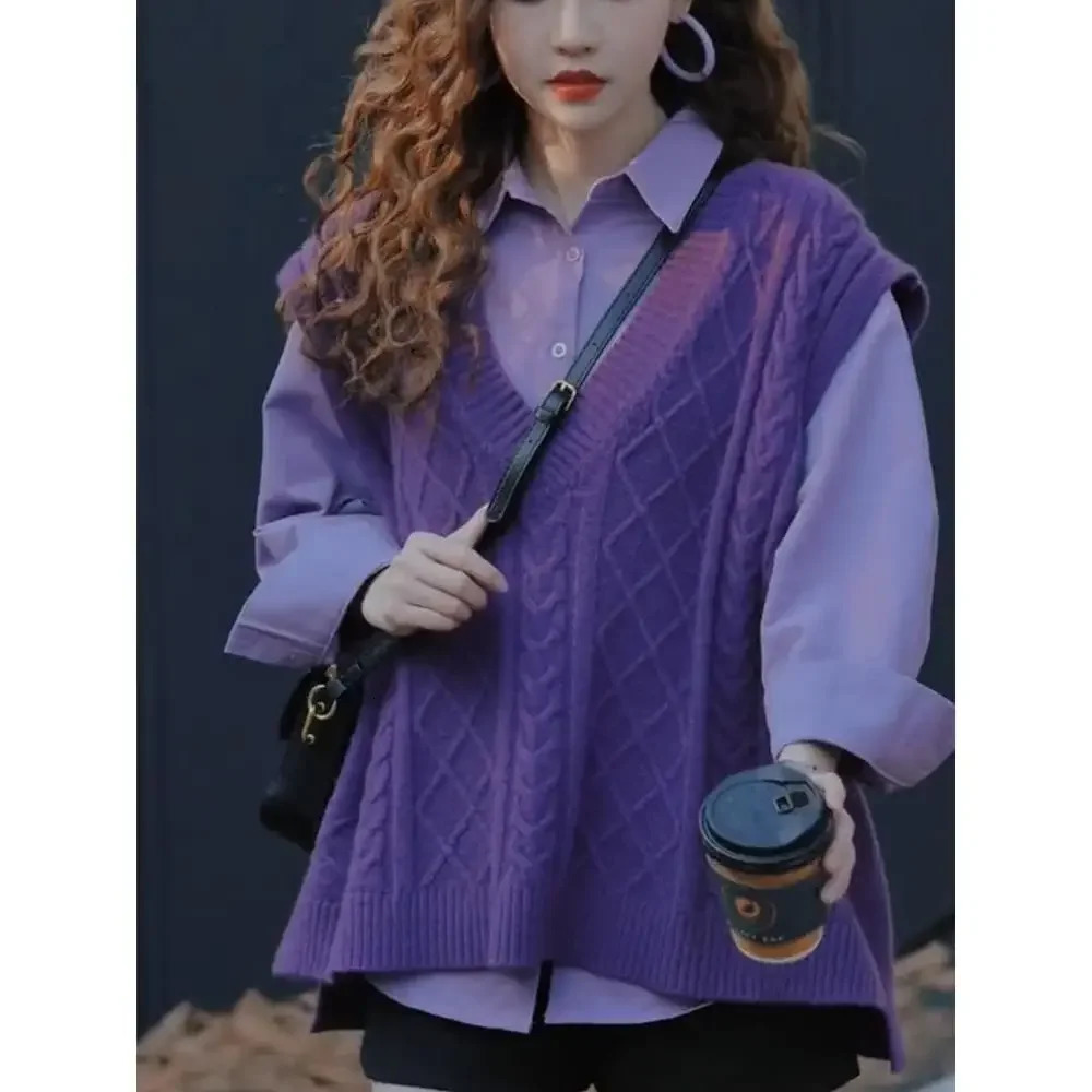 StylishNiche Versatile polo neck long sleeved shirtSen System Vneck cable knit shoulder vest 2piece set China origin 250318