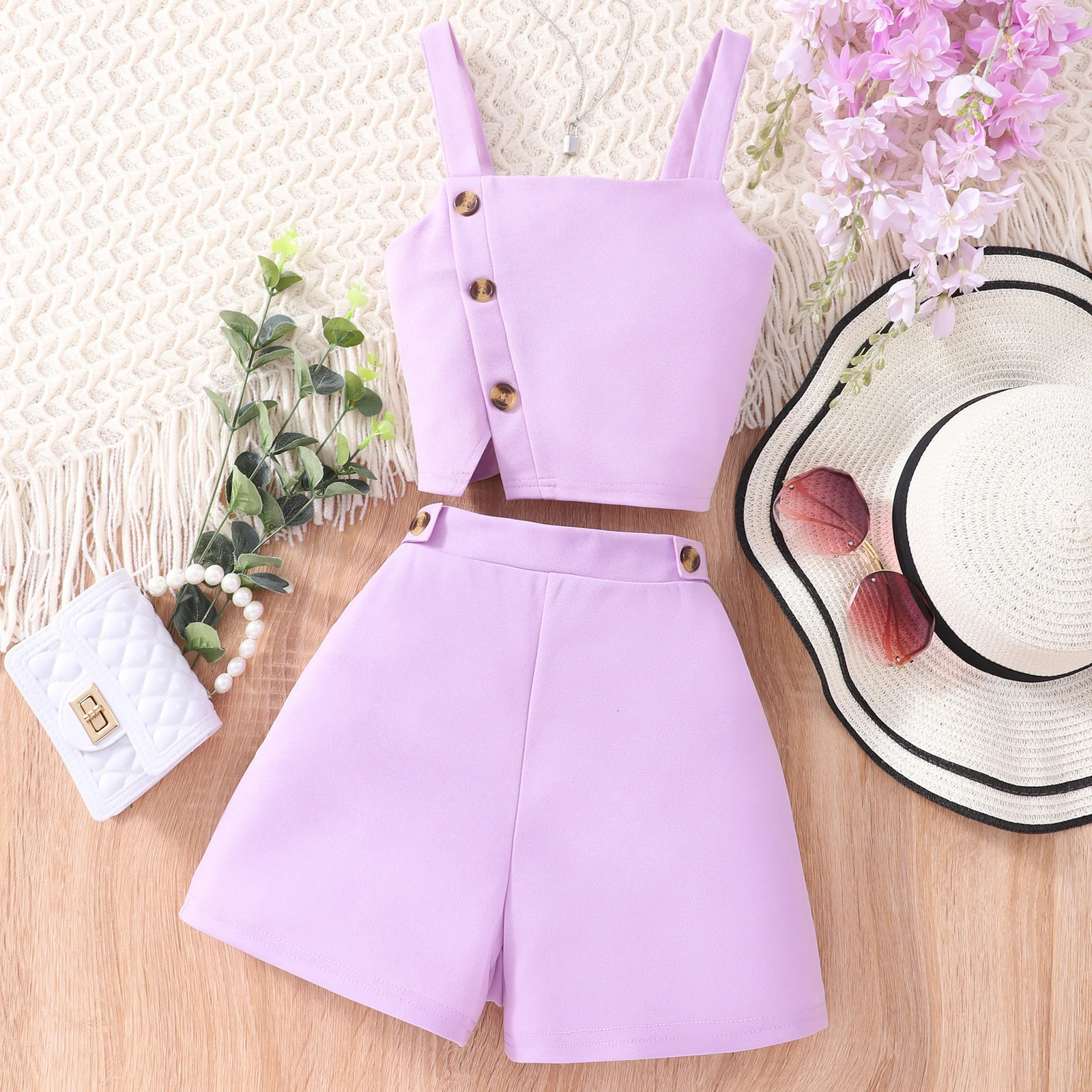 Girls Set 7 8 9 10 11 12 Years Old Summer Minimalist Sleeveless Strap Shorts Suit Casual Teen Outfit Kids Girl Clothes 250326