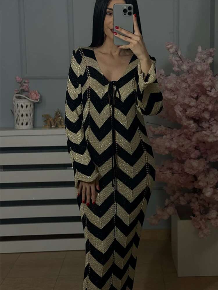 Fashion Knitted Striped Lace Up Maxi Dress For Women Chic V-Neck Hollow Out Bodycon Female Dresses Summer Beach Lady Robes