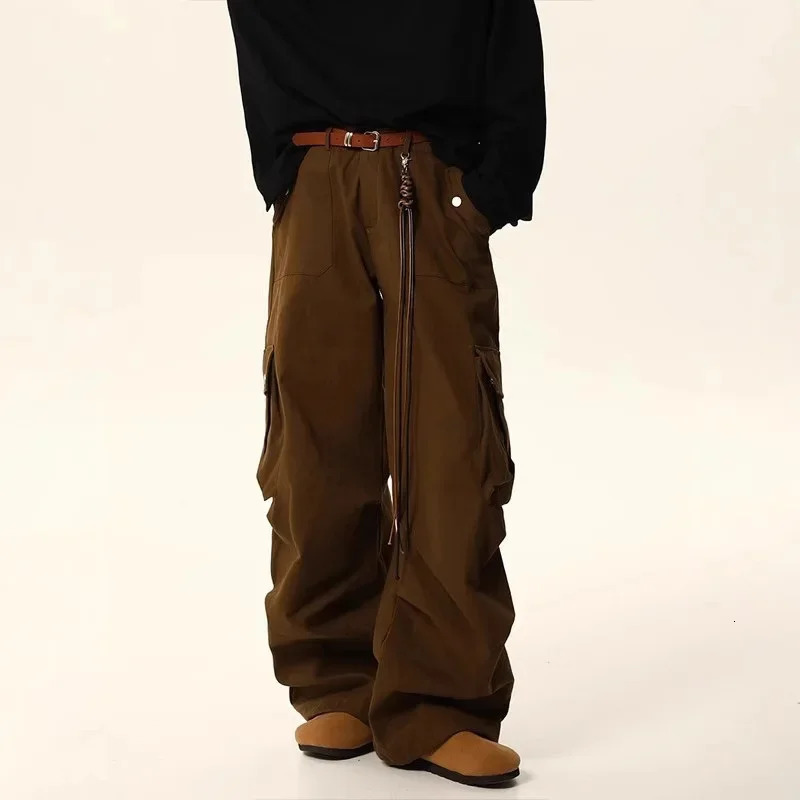 Retro American Panther Brown Cargo Pants Loose Fit Straight Leg Casual Mens and Womens Autumn Puff 250326