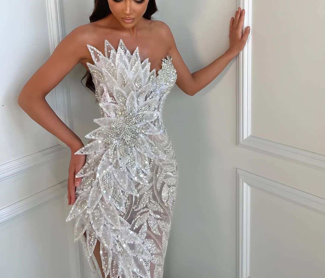 Strapless Mermaid Evening Dress Beading Sequined Side Split Long Prom Dresses Customized Tulle Sexy Illusion Party Gown