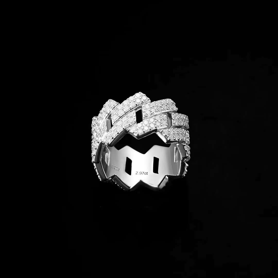 Exquisite Fully Iced Out MOISSANITE PRONG CUBAN LINK 925 STERLING SILVER RING for Man