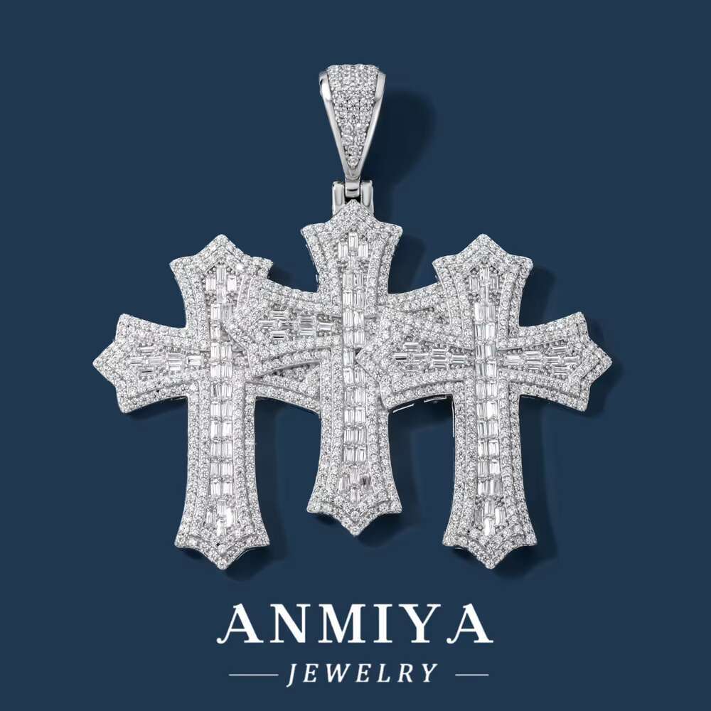 ANMIYA Custom Hip Hop Jewelry 925 Sterling Silver Solid Diamond Mens Moissanite Cross Pendant