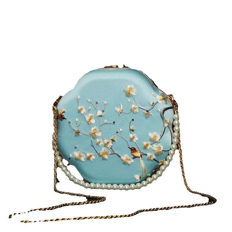 Cap Brand Shoulder Crossbody Niche Favorite China Suzhou Craft Silky Fabric Wer And Bird Pattern Embroider Girls Ladies Banquet Dinner Gold Metal Edge