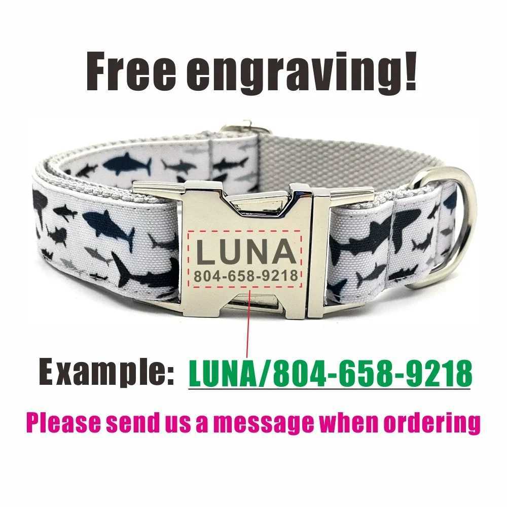 Personalized pet collar durable sea fish customized puppy name ID tag adjustable size shark gray basic dog collar belt X250326